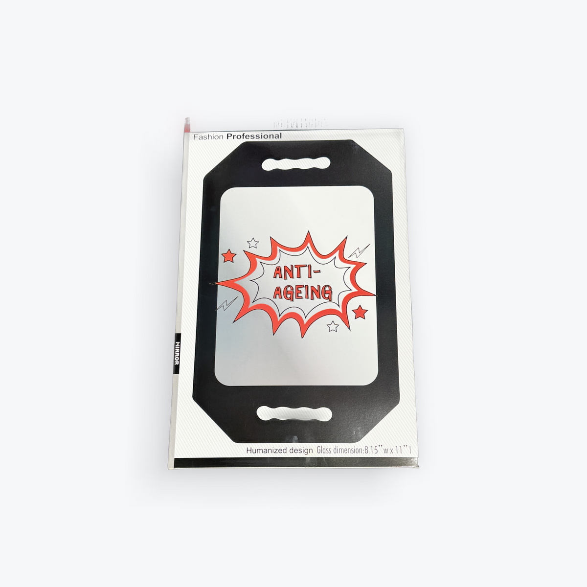 MV black handheld salon mirror with integrated grip opening