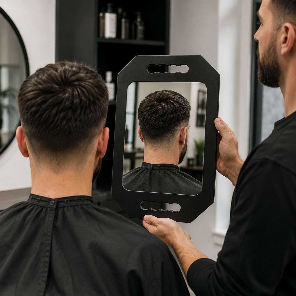 Barber using the black handheld mirror to show a client the finished haircut
