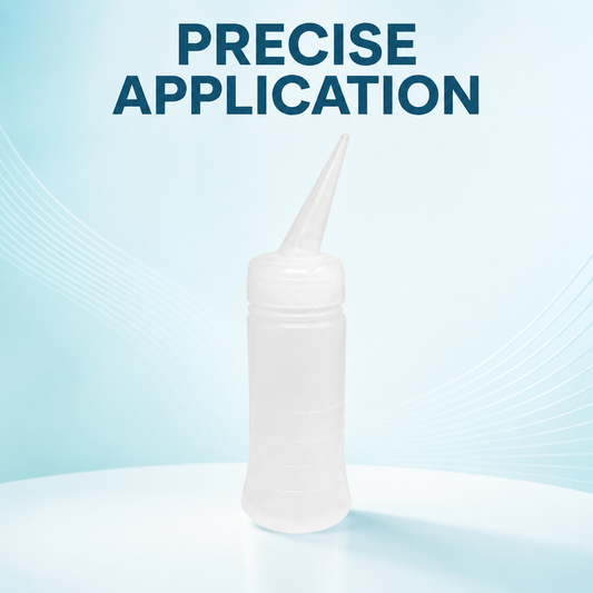 MV liquid applicator bottle benefit graphic with precise application text