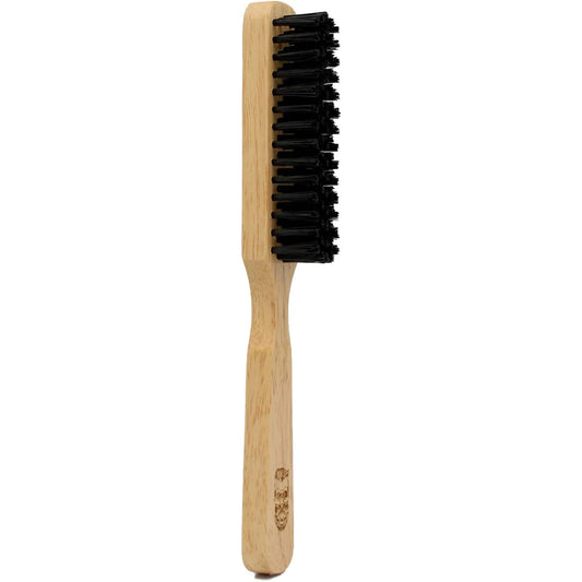 Long-handle barber fade brush with natural wood handle and dense black bristles