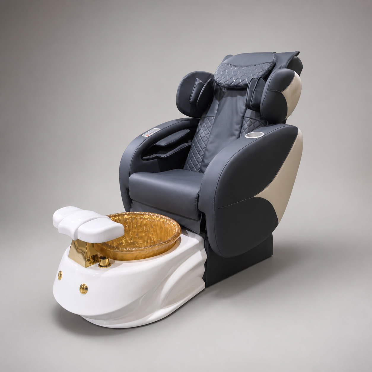 MV massage pedicure chair with black upholstery, white base and gold basin