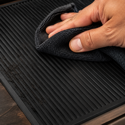 Black grooved barber mat being wiped clean with a microfiber cloth