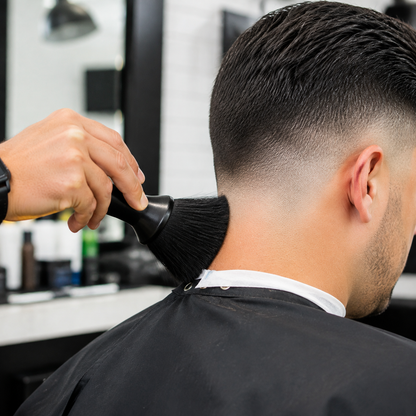 Barber using the MV Premium Neck Duster after an adult haircut
