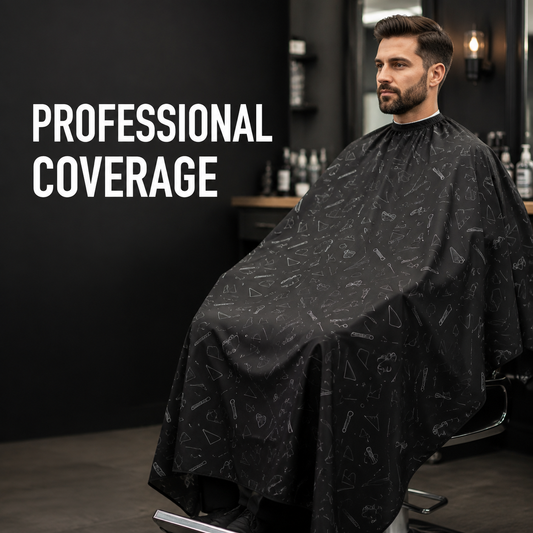 Printed barber cape covering an adult client during a barbershop service