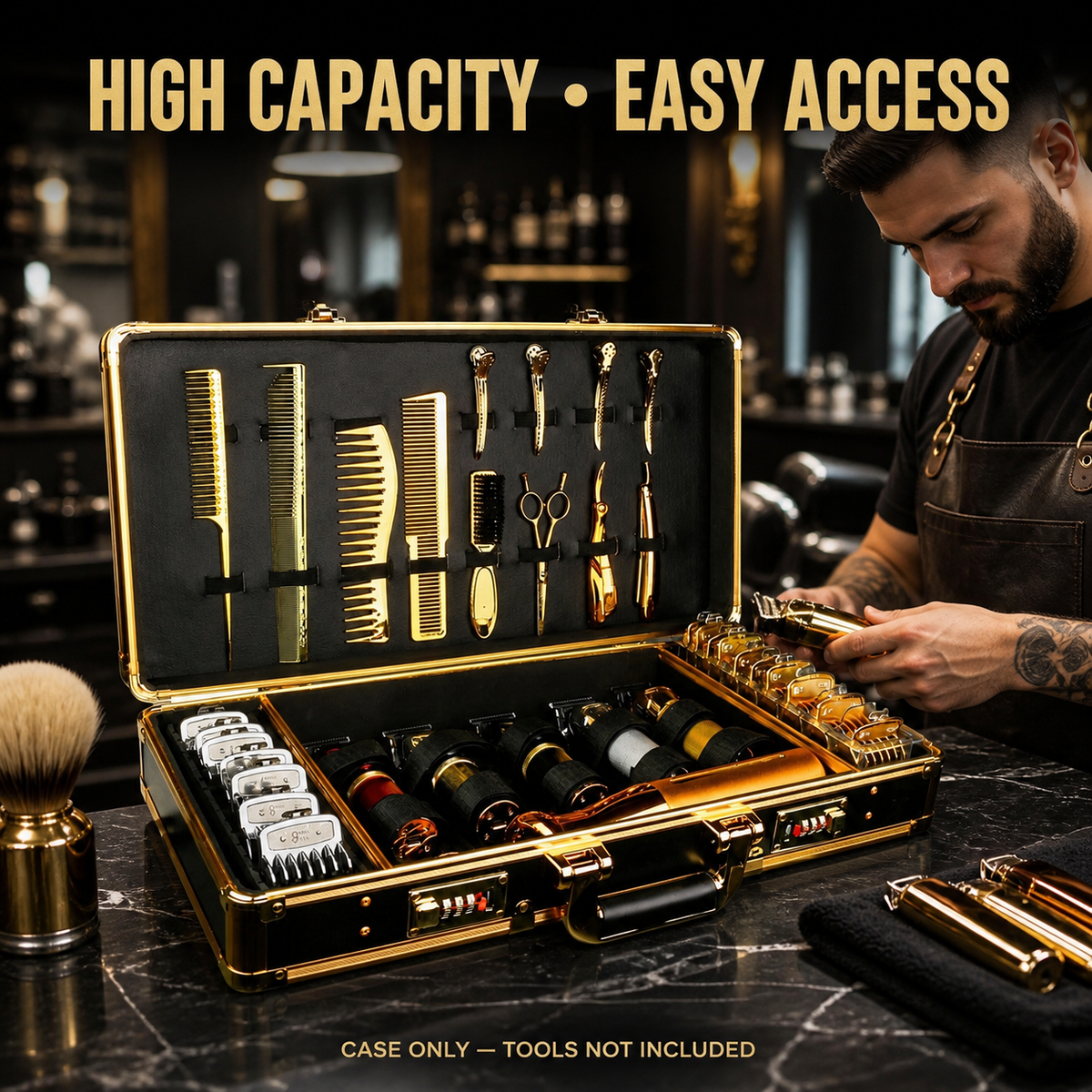 Open MV barber tool case with demonstration tools; tools not included