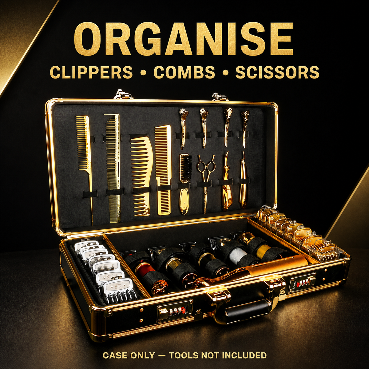 Black and gold MV barber tool cases; case only, tools not included