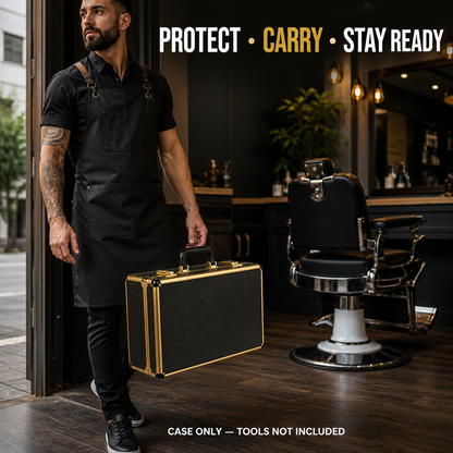 Professional carrying a black and gold MV barber tool case