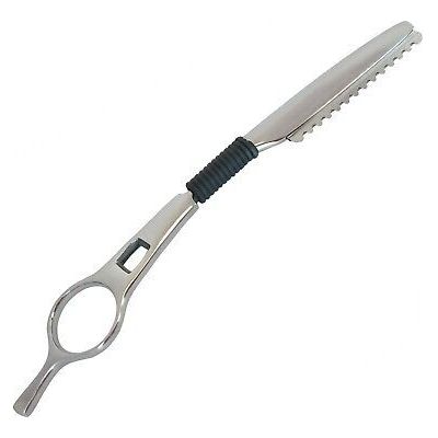 Silver Razor Carrier folding hair-shaping razor with comb guard and finger ring