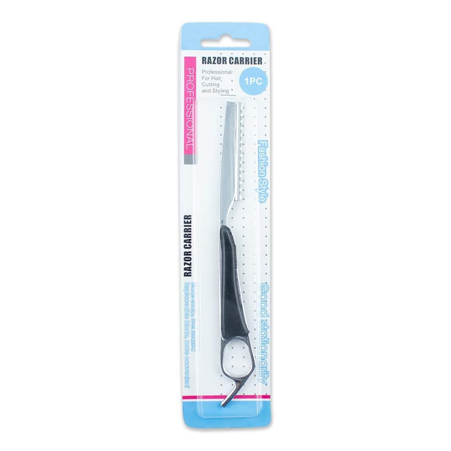 Packaged Silver Razor Carrier tool for professional hair cutting and styling
