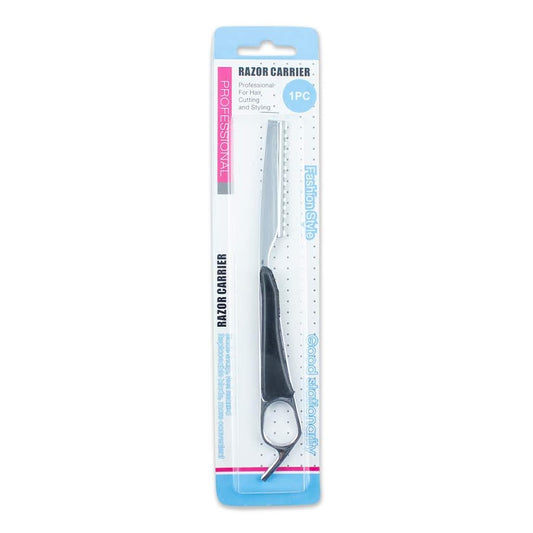 Packaged Silver Razor Carrier tool for professional hair cutting and styling