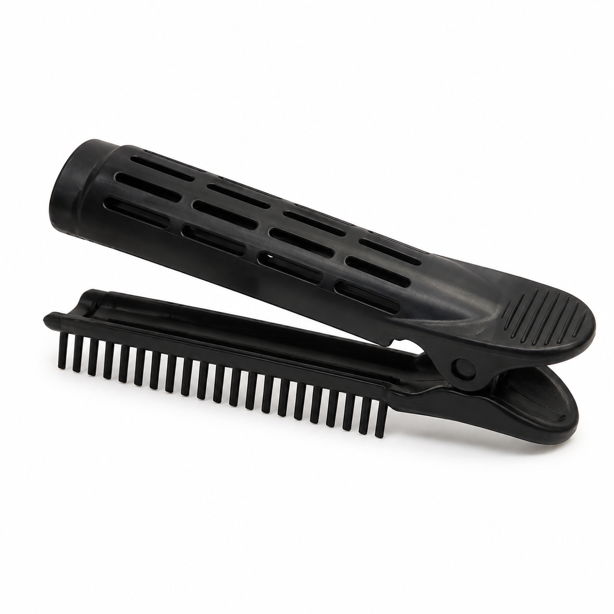 Open black vented hair clip showing barrel, teeth, hinge and thumb grip