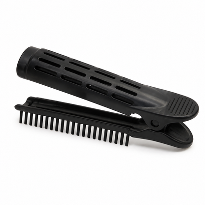 Open black vented hair clip showing barrel, teeth, hinge and thumb grip
