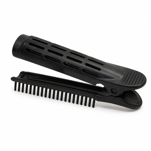 Open black vented hair clip showing barrel, teeth, hinge and thumb grip
