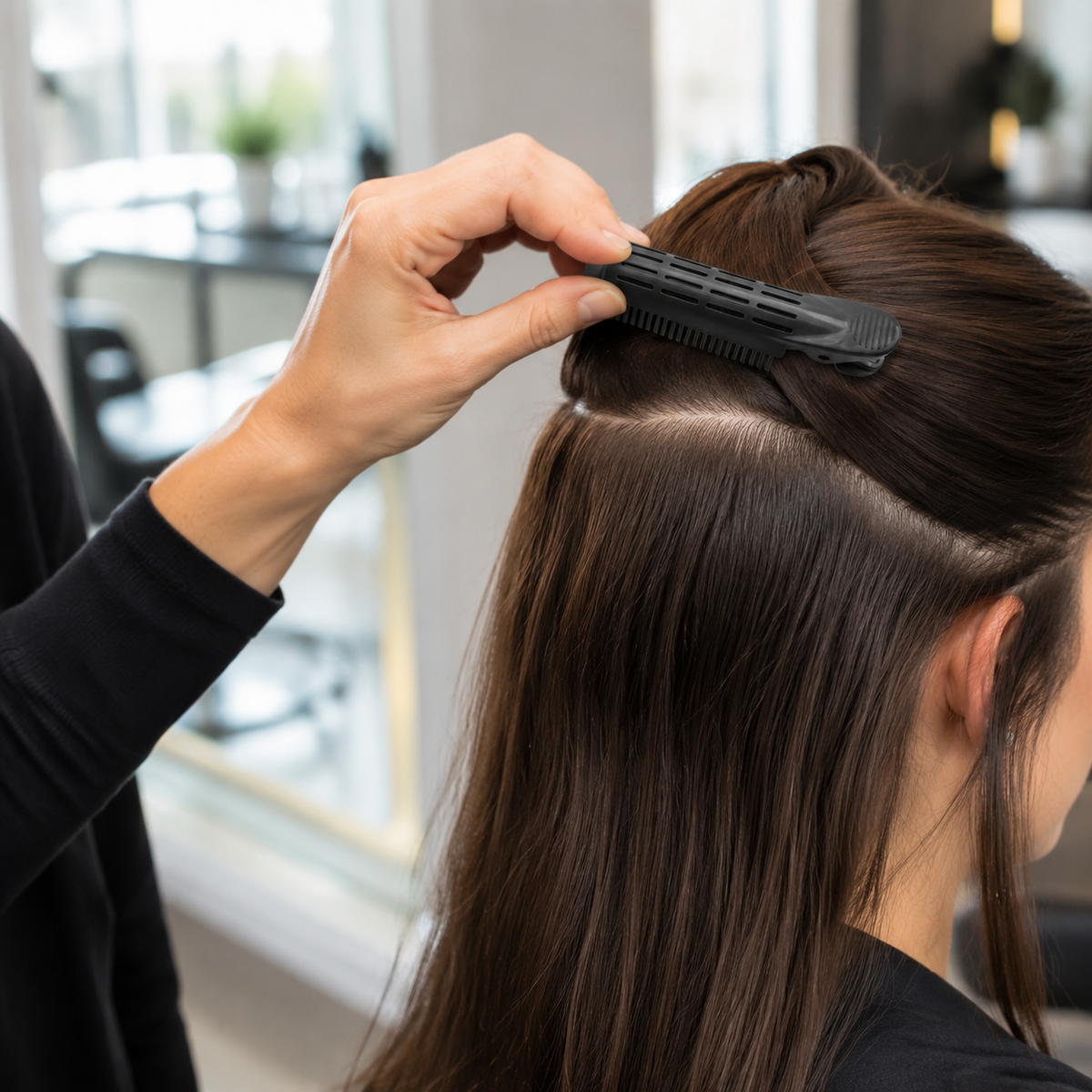 Hairstylist sectioning adult hair with a black vented clip