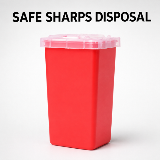 Red sharps disposal container graphic for used barber blade disposal