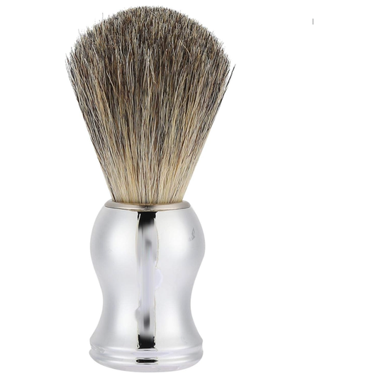 Silver-tone shaving brush with dense two-tone bristles on white