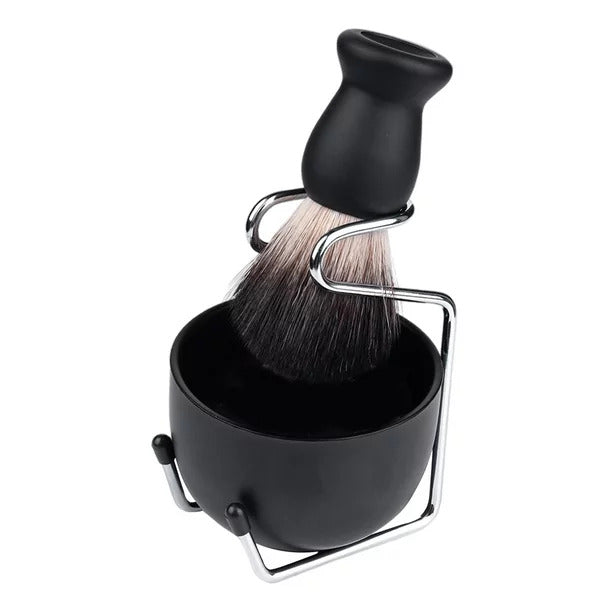 Black MV shaving brush set with lather bowl and metal stand