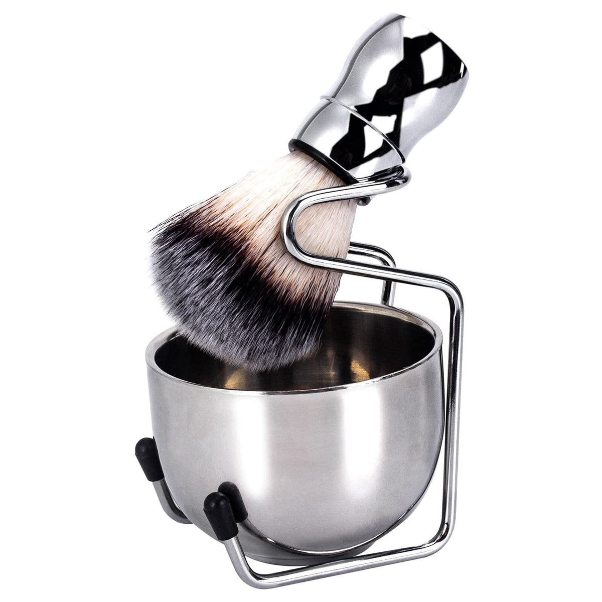 Steel MV shaving brush set with lather bowl and metal stand