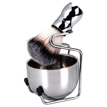 Steel MV shaving brush set with lather bowl and metal stand