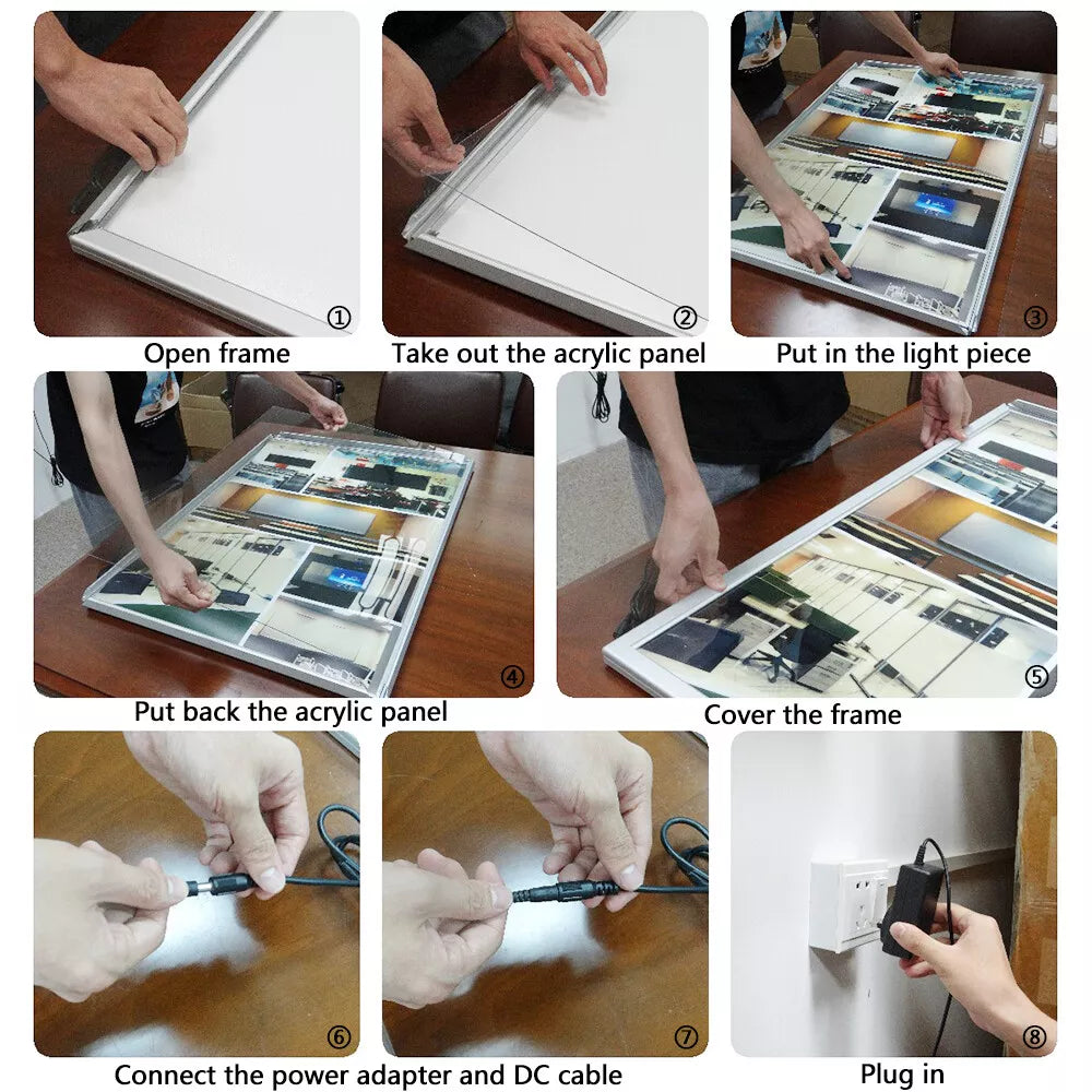 Steps for opening the frame, inserting a poster and connecting power