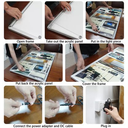 Steps for opening the frame, inserting a poster and connecting power