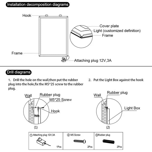 Wall-mount diagram for the silver LED poster light box