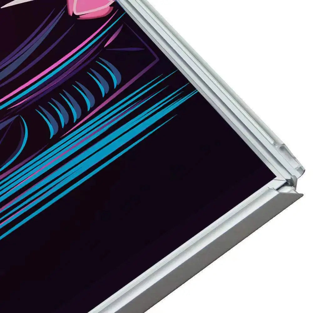 Close detail of the silver snap-open light box frame
