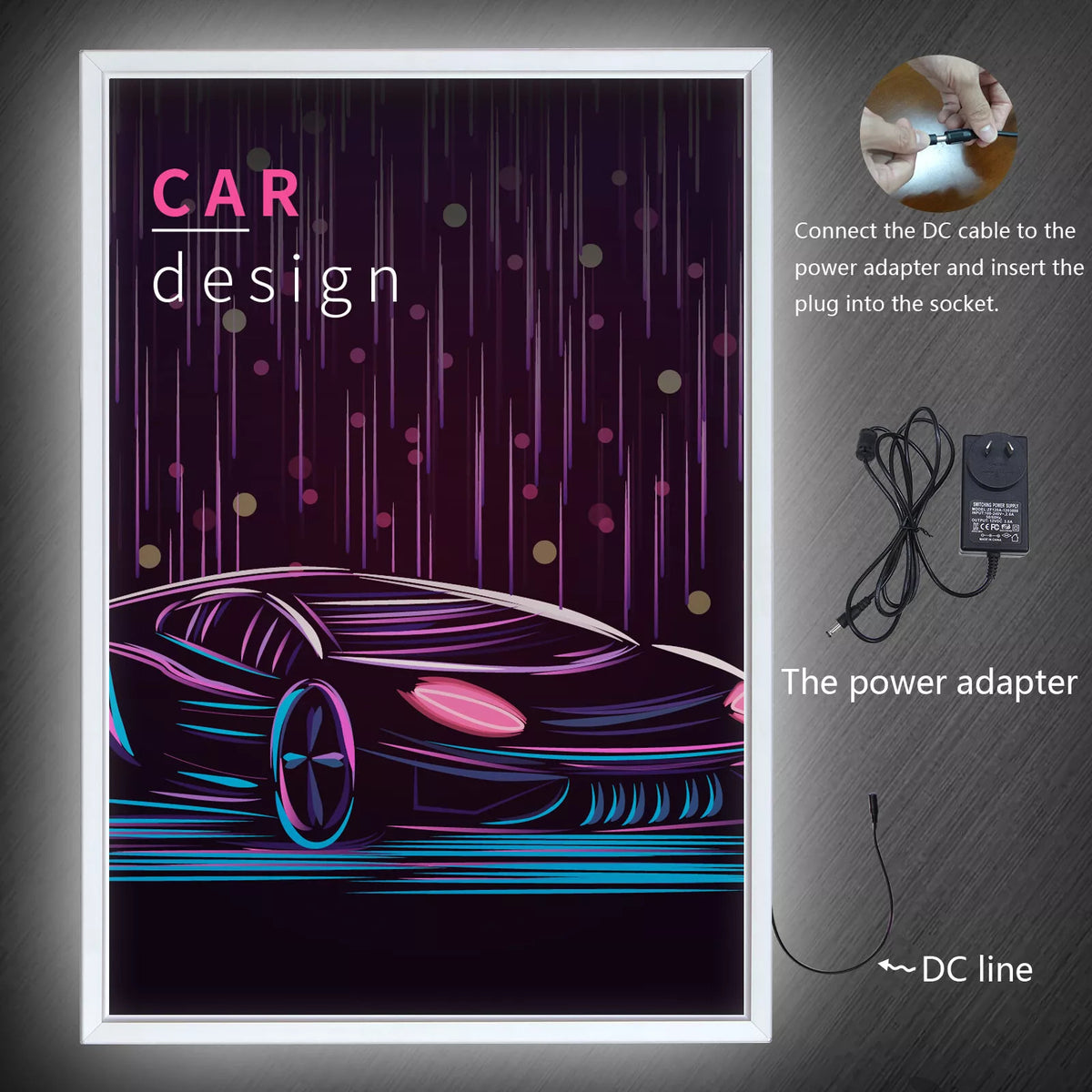 Silver wall-mounted LED poster light box with power adapter