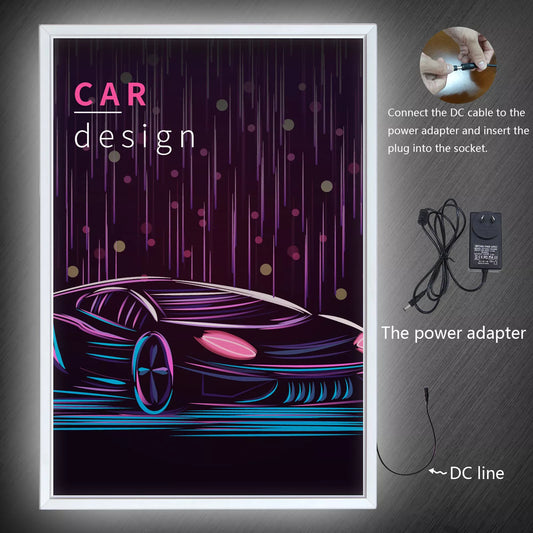 Silver wall-mounted LED poster light box with power adapter