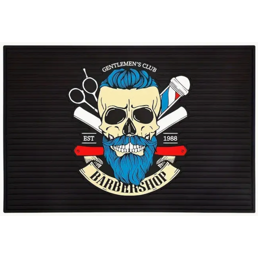 MV black barber tool mat with blue-haired skull artwork