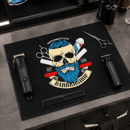 MV skull barber tool mat holding clippers, comb and closed scissors