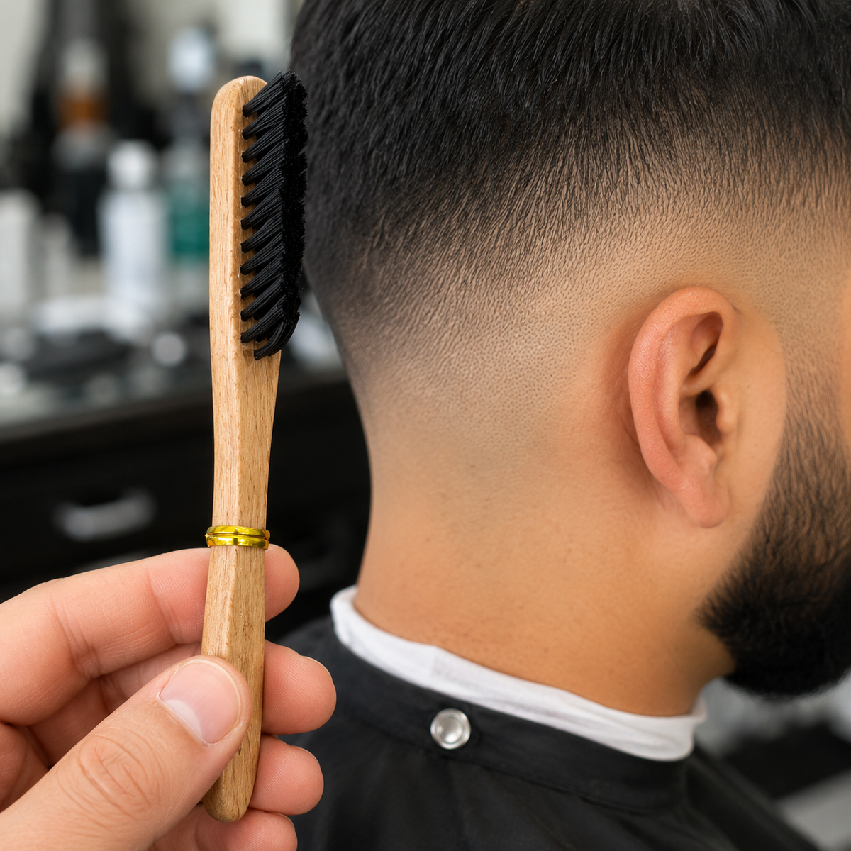 Close detail of slim fade brush bristles beside a clean finished fade