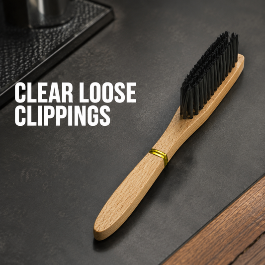 Slim fade brush benefit graphic showing clear loose clippings