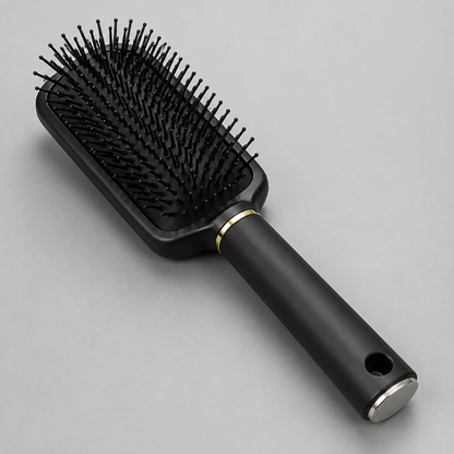 Close view of black paddle brush pin bristles and round handle