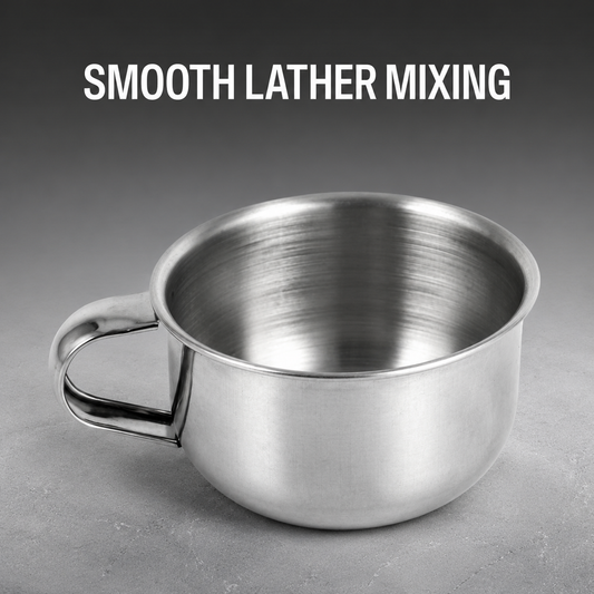 Handled steel shaving bowl graphic showing smooth lather mixing