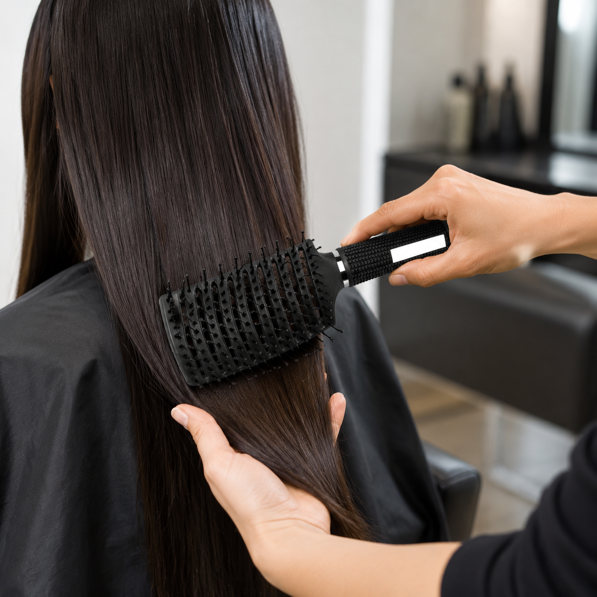 Stylist guiding the MV vented paddle brush through long straight hair
