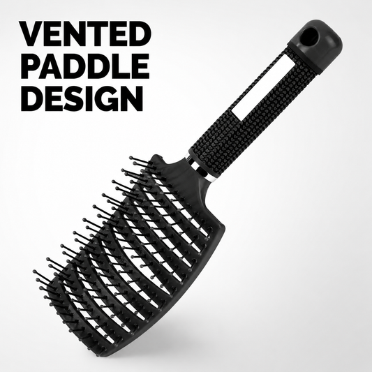 MV black paddle brush showing its vented head and ball-tip pins