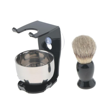 Black shaving brush, stainless steel bowl and suction-cup stand set