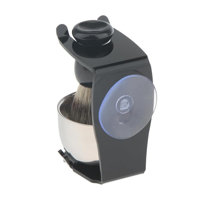 Rear view of black shaving brush set showing the clear suction cup