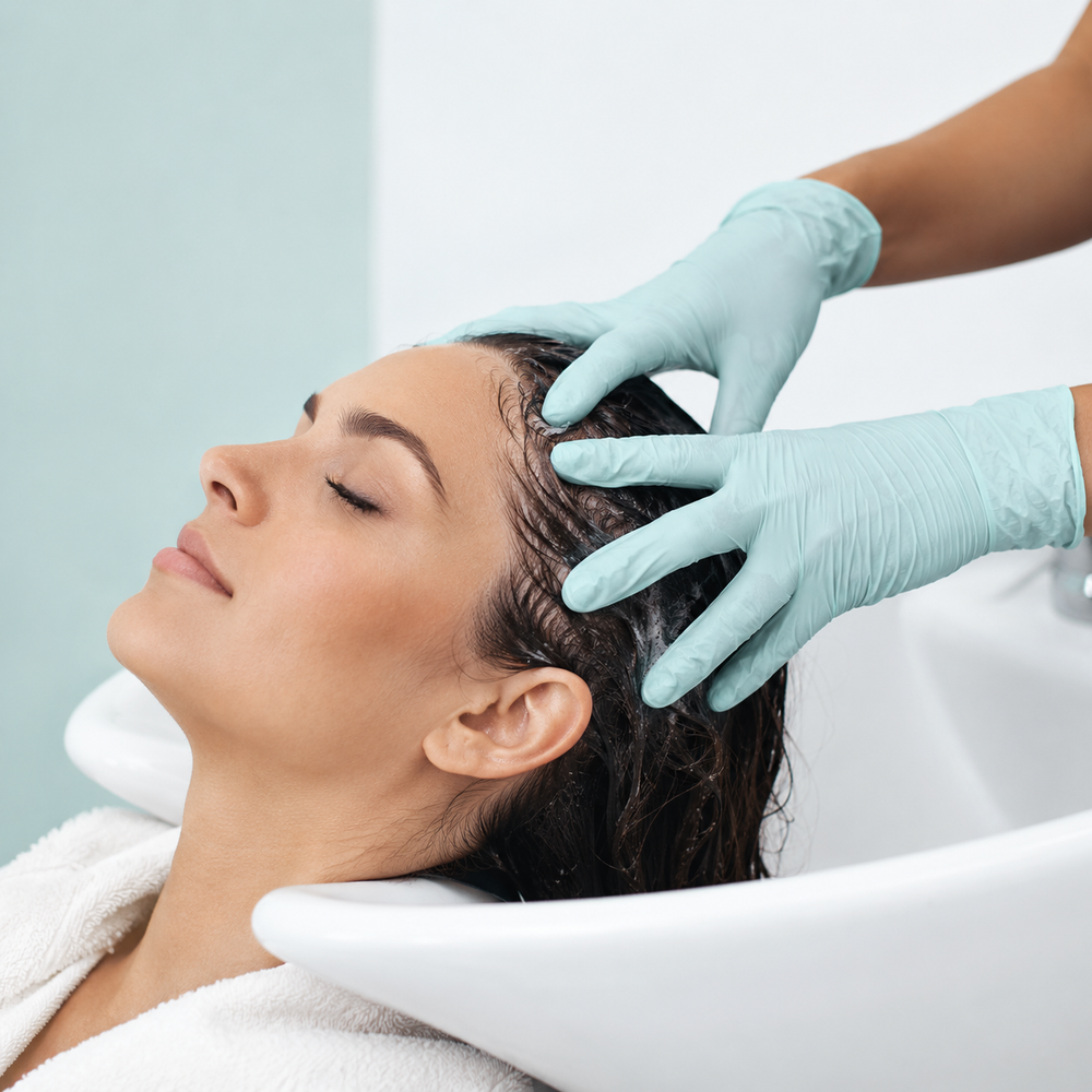 Professional application and massage of Crystal Gel XL through wet hair and scalp