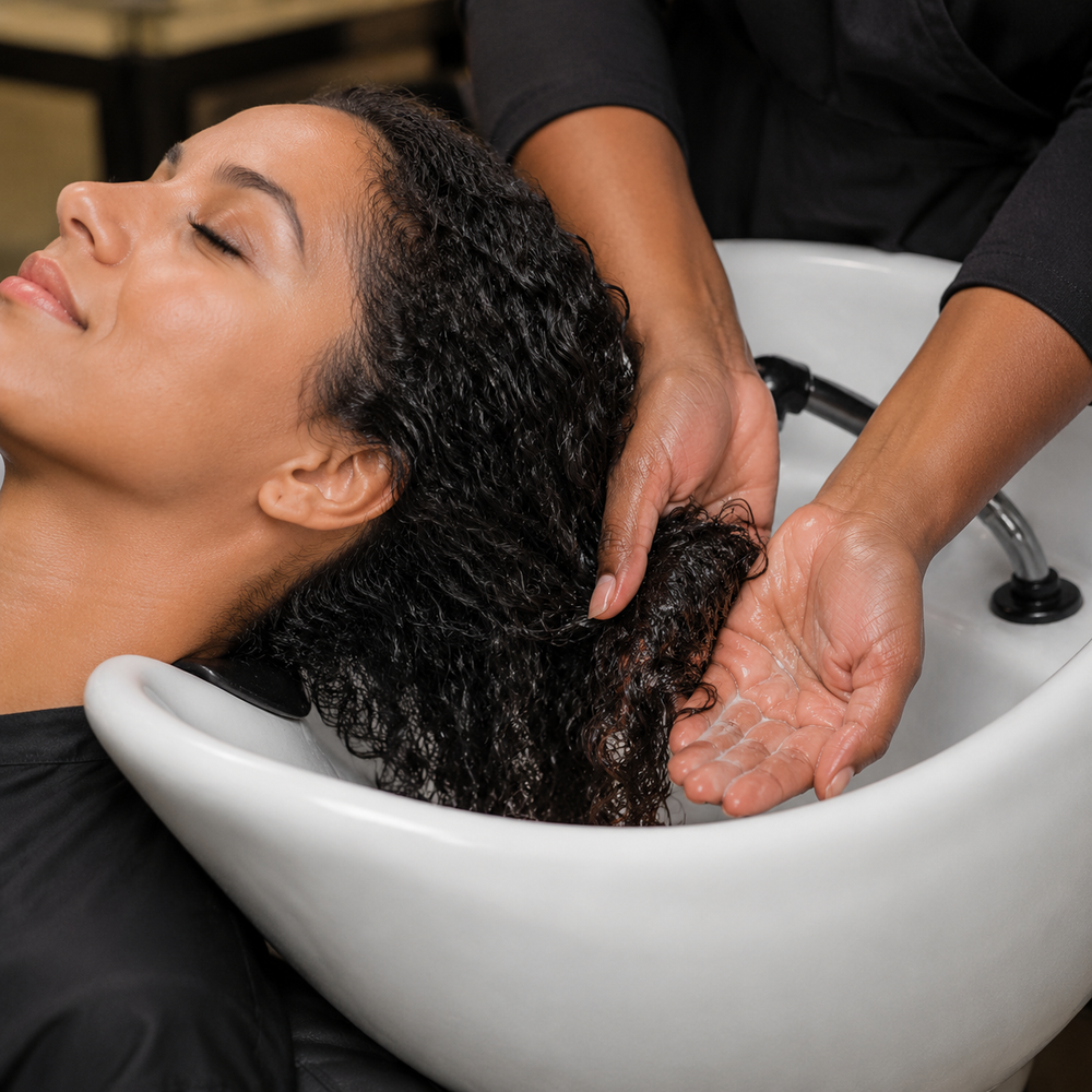Malibu C Curl Partner treatment dissolved with water and scrunched through wet curls at a salon