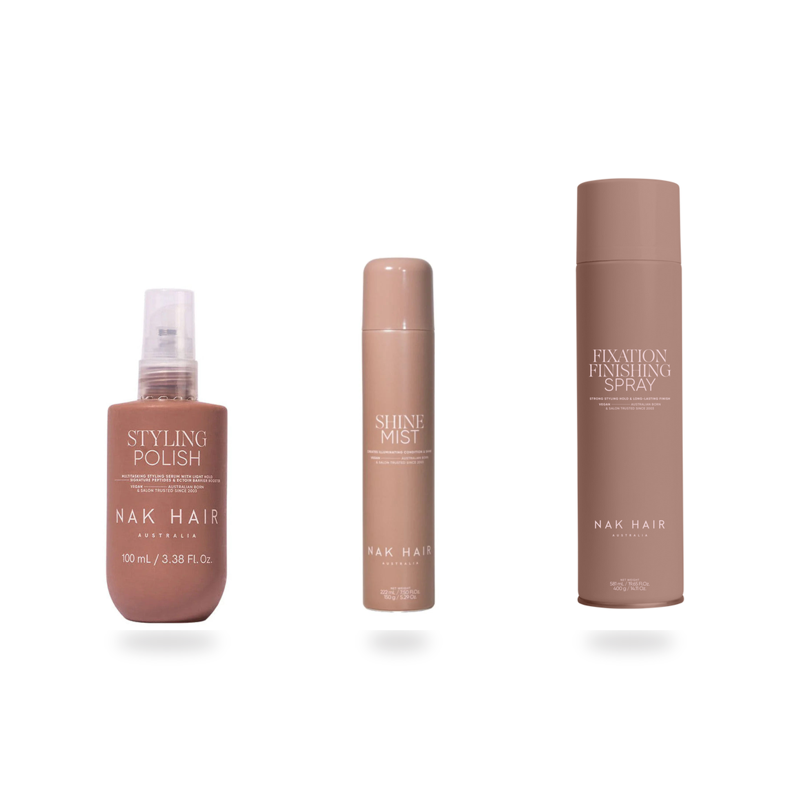 NAK Gloss and Hold Finishing Trio on a white background