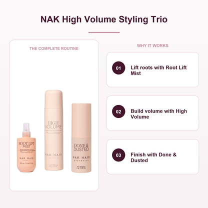 NAK Root Lift Mist Hair High Volume and Done and Dusted routine