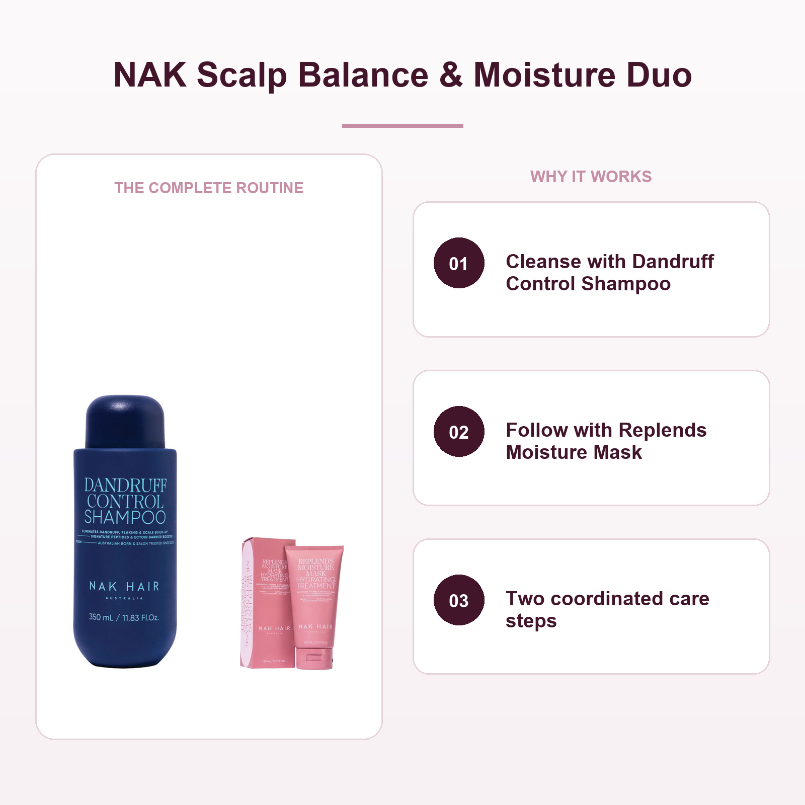 NAK Dandruff Control Shampoo and Replends Moisture Mask routine