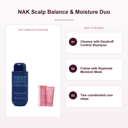 NAK Dandruff Control Shampoo and Replends Moisture Mask routine