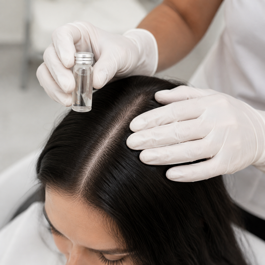 Gloved salon professional preparing a clear Purify treatment vial beside parted hair