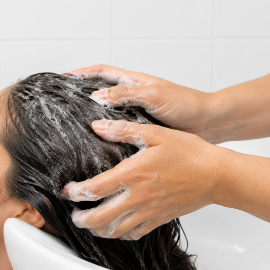 Natural Look Anti Lice Maintenance Shampoo being massaged through wet hair at a salon basin