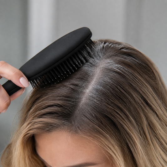Brushing Natural Look Dry Shampoo residue from dry roots after the two-minute wait