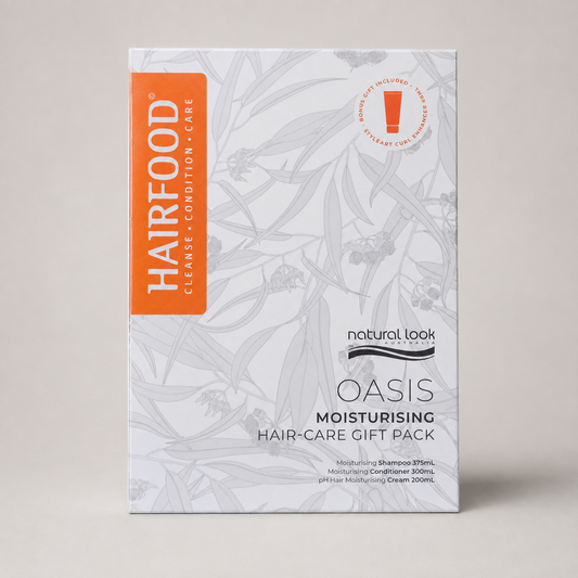 Natural Look Oasis Moisturising Hair Care Gift Pack sealed carton in studio lighting