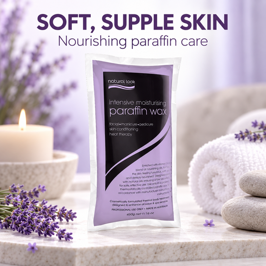 Natural Look Lavender paraffin with "Soft, supple skin" text